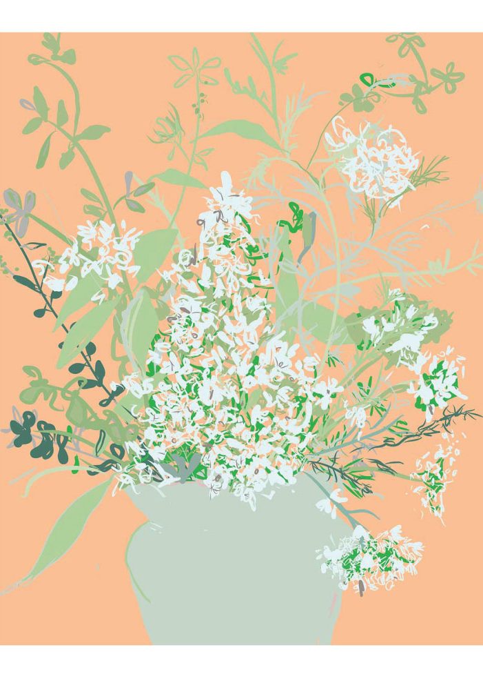 Summer Bouquet Pale A floral arrangement featuring white flowers and green foliage against a peach background.